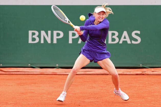 29th May 2022; Roland Garros, Paris, France: French Open Tennis tournament: Aliaksandra Sasnovich plays a forehand back to Martina Trevisan (ITA)  ActionPlus12394599 JonxBromley