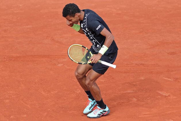 29th May 2022; Roland Garros, Paris, France: French Open Tennis tournament: Felix Auger-Aliassime (CAN) celebrates winning the first set against Rafael Nadal (ESP)  ActionPlus12394683 JonxBromley