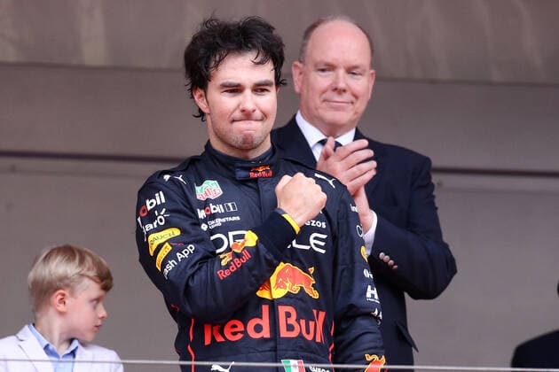 Formula 1 - Monaco Grand Prix 2022 Sergio Perez of Red Bull Racing celebrates on the podium after the Formula 1 Monaco Grand Prix 2022 at Circuit de Monaco on May 29, 2022 in Monte-Carlo, Monaco. Monte Carlo Circuit de Monaco Monaco Copyright: xMarcoxCanonierox