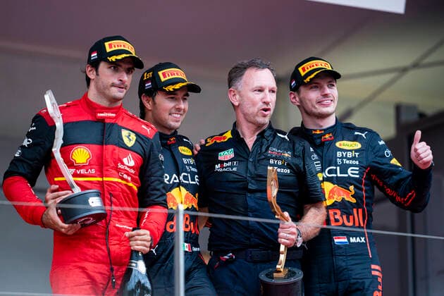 May 29, 2022, Montecarlo, Monaco: CARLOS SAINZ Jr of Spain and Scuderia Ferrari, SERGIO PEREZ of Mexico and Red Bull Racing and MAX VERSTAPPEN of the Netherlands and Red Bull Racing on the podium after the 2022 FIA Formula 1 Monaco Grand Prix at Circuit de Monaco in Montecarlo, Monaco. Montecarlo Monaco - ZUMAg147 20220529_zap_g147_004 Copyright: xJamesxGasperottix