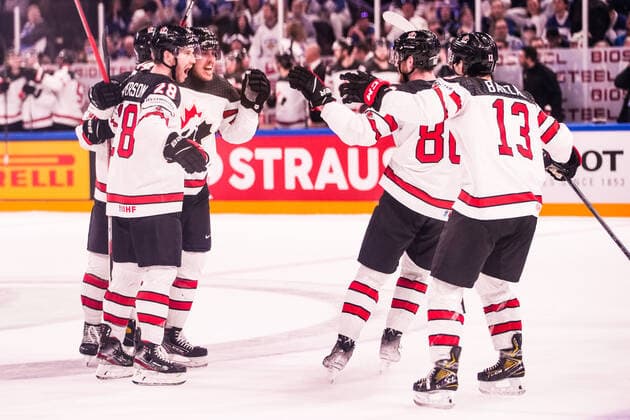 TAMPERE, FINLAND - MAY 29: Max Comtois of Canada celebrates his goal during the 2022 IIHF Ice hockey, Eishockey World Championship, WM, Weltmeisterschaft match between Finland and Canada at Nokia Arena on May 29, 2022 in Tampere, Finland. Tampere Nokia Arena Finland Copyright: xJustPictures.ch JarixPestelaccix