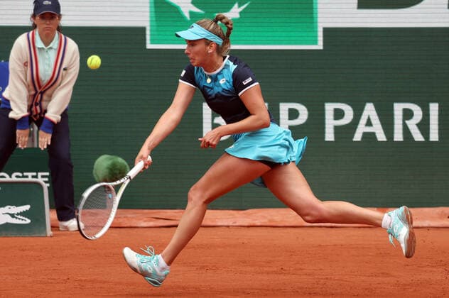Elise Mertens of Belgium returns the ball to US Coco Gauff during their French Tennis Open match at Roland Garros near Paris, France, on Sunday May 29, 2022. Gauff won 6-3, 4-6, 6-3.  PAR20220529120 MAYAxVIDON-WHITE