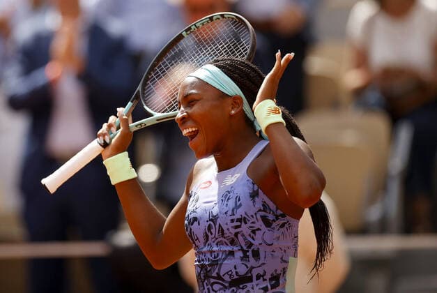 Mandatory Credit: Photo by Ella Ling Shutterstock (12959947am) Coco Gauff of USA celebrates on match point French Open Tennis, Day 10, Roland Garros, Paris, France - 31 May 2022 French Open Tennis, Day 10, Roland Garros, Paris, France - 31 May 2022  Copyright: xEllaxLing Shutterstockx 12959947am
