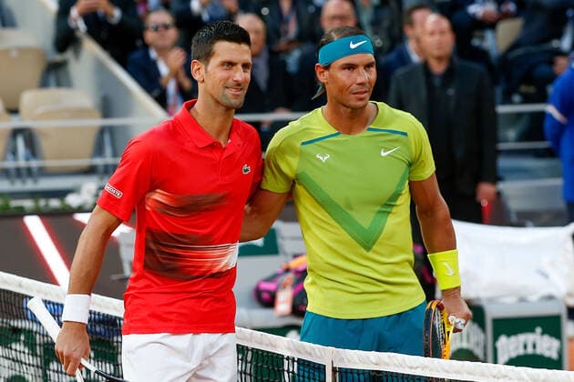 31.05.2022, Tennis, French Open 2022 Roland-Garros, FRA, Paris, Roland Garros Bild: v.l. Novak Djokovic (SER) und Rafael Nadal (ESP) vor dem Spiel Copyright: HMBxMedia AntonioxBorga