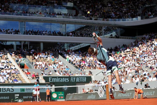 1st June 2022; Roland Garros, Paris, France: French Open Tennis tournament, mens quarter-final; Andrey Rublev serves to Marin Cilic (CRO)  ActionPlus12395522 JonxBromley