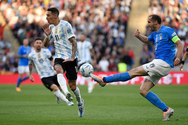 Angel Di Maria of Argentina and Giorgio Chiellini of Italy during the Finalissima trophy 2022 football match between Italy and Argentina at Wembley stadium in London, England, June 1st, 2022. Photo Andrea Staccioli Insidefoto AndreaxStaccioli
