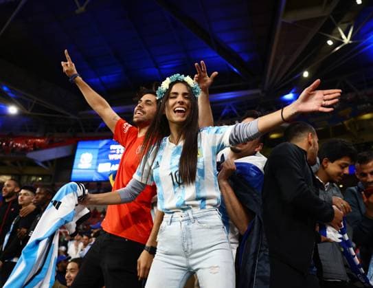 London, England, 1st June 2022. An Argentina fan celebrates during the CONMEBOL-UEFA Cup of Champions match at Wembley Stadium, London. Picture credit should read: David Klein Sportimage EDITORIAL USE ONLY. No use with unauthorised audio, video, data, fixture lists, club league logos or live services. Online in-match use limited to 120 images, no video emulation. No use in betting, games or single club league player publications. SPI-1725-0029