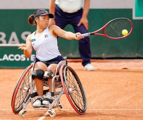 Tennis: French Open Japan s Yui Kamiji plays a shot against Aniek van Koot of the Netherlands during their wheelchair singles semifinal match at the French Open tennis tournament in Paris on June 3, 2022.  A14AA0001296673P