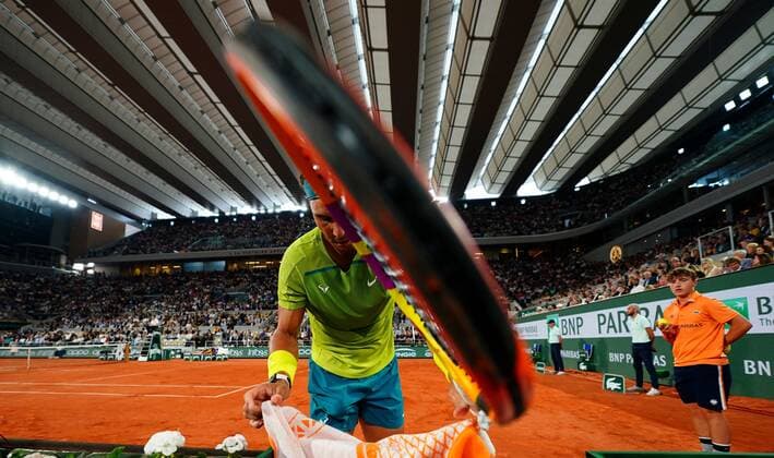 Mandatory Credit: Photo by Javier Garcia Shutterstock (12960013n) Rafael Nadal towels off under the closed roof of the Philippe Chatrier Court French Open Tennis, Day 13, Roland Garros, Paris, France - 03 Jun 2022 French Open Tennis, Day 13, Roland Garros, Paris, France - 03 Jun 2022  Copyright: xJavierxGarcia Shutterstockx 12960013n