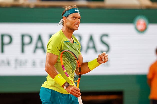 03.06.2022, Tennis, French Open 2022 Roland-Garros, FRA, Paris, Roland Garros Bild: v. li. Rafael Nadal (ESP) jubelt Copyright: HMBxMedia AntonioxBorga