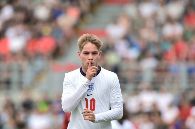 Emile Smith Row of England celebrates goal during the 2023 UEFA European Under-21 Championship qualification Group G: Czech Republic vs. England in Ceske Budejovice, Czech Republic, June 3, 2022. (CTKxPhoto VaclavxPancer) CTKPhotoP2022060307623 