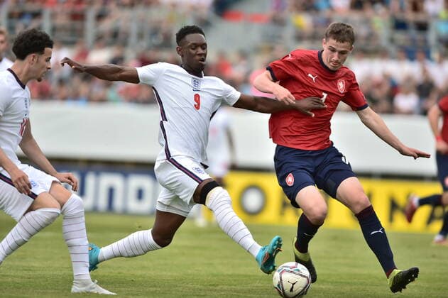 From right Czech Denis Donat and Folarin Balogun of Great Britan in action during the 2023 UEFA European Under-21 Championship qualification Group G: Czech Republic vs. England in Ceske Budejovice, Czech Republic, June 3, 2022. (CTKxPhoto VaclavxPancer) CTKPhotoP2022060307592 