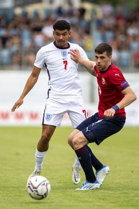 From left British Morgan Gibbs-White and Czech David Jurasek in action during the 2023 UEFA European Under-21 Championship qualification Group G: Czech Republic vs. England in Ceske Budejovice, Czech Republic, June 3, 2022. (CTKxPhoto VaclavxPancer) CTKPhotoP2022060307905  VPC_0003