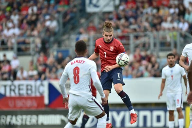 Czech FIlip Soucek (centre) in action during the 2023 UEFA European Under-21 Championship qualification Group G: Czech Republic vs. England in Ceske Budejovice, Czech Republic, June 3, 2022. (CTKxPhoto VaclavxPancer) CTKPhotoP2022060308118 