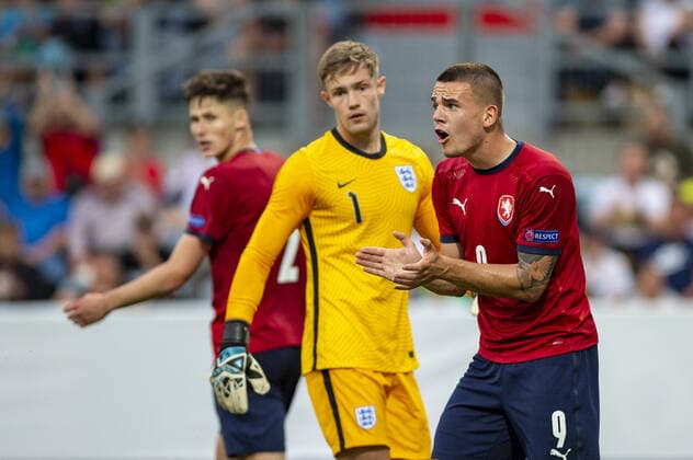 From left Czech Martin Vitik, British goalie Josef Bursik, Czech Vaclav Sejk in action during the 2023 UEFA European Under-21 Championship qualification Group G: Czech Republic vs. England in Ceske Budejovice, Czech Republic, June 3, 2022. (CTKxPhoto VaclavxPancer) CTKPhotoP2022060308362  VPC_0007
