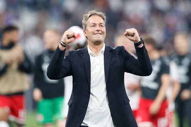 Sport Bilder des Tages Parc des Princes, Paris 03. Juni 2022 UEFA Nations League Frankreich - Dänemark v.l., Trainer Kasper Hjulmand (Dänemark) jubeln jubelt nach Spielende. Copyright: AntonioxBorga