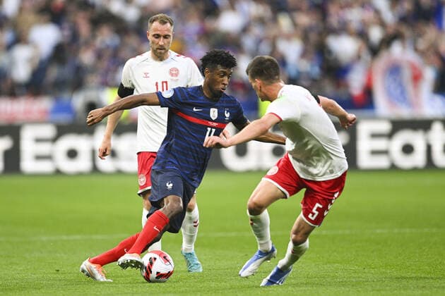 Kingsley Coman (France) vs Jaokim Maehle (Danemark) FOOTBALL : France vs Danemark - Ligue des Nations - 03 06 2022 JBAutissier Panoramic 