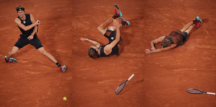 Sport Bilder des Tages (220604) -- PARIS, June 4, 2022 -- Combined photo taken on June 3, 2022, shows Alexander Zverev falling injured on court during the men s singles semifinal match between Alexander Zverev of Germany and Rafael Nadal of Spain at the French Open tennis tournament at Roland Garros in Paris, France. ) (SP)FRANCE-PARIS-TENNIS-ROLAND GARROS-FRENCH OPEN-MEN S SINGLES SEMIFINAL MengxDingbo 
