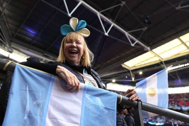 London, England, 1st June 2022. An Argentina fan reacts during the CONMEBOL-UEFA Cup of Champions match at Wembley Stadium, London. Picture credit should read: Jonathan Moscrop Sportimage EDITORIAL USE ONLY. No use with unauthorised audio, video, data, fixture lists, club league logos or live services. Online in-match use limited to 120 images, no video emulation. No use in betting, games or single club league player publications. SPI-1725-0238