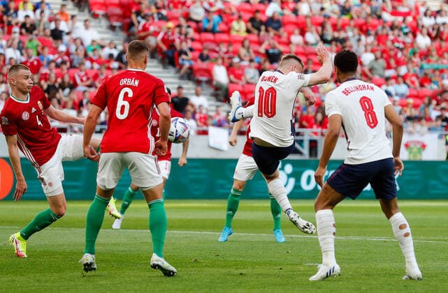 Hungary v England UEFA Nations League Jarrod Bowen of England volleys towards goal during the UEFA Nations League match between England and Hungary at the Puskas Stadium, Budapest Content Not Available For UK Newspapers Copyright: xPaulxChestertonx FIL-16979-0061 UK Newspapers OUT
