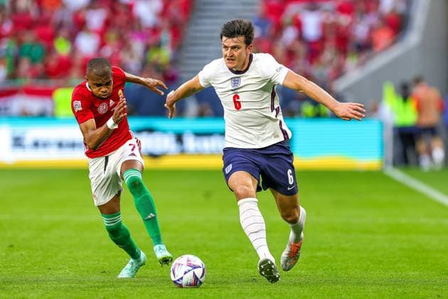 Hungary v England UEFA Nations League 04 06 2022. Harry Maguire (6) of England battles with Loic Nego (7) of Hungary during the UEFA Nations League match between Hungary and England at Puskas Arena Park, Budapest, Hungary on 4 June 2022. Editorial use only , Copyright: xNigelxKeenex PSI-15373-0040