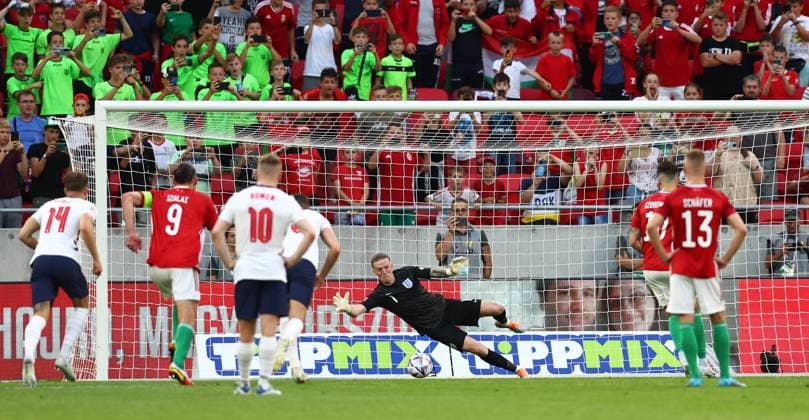 Budapest, Hungary, 4th June 2022. Dominik Szoboszial of Hungary scores the first goal past Jordan Pickford of England from a penalty kick during the UEFA Nations League match at Puskas Arena, Budapest. Picture credit should read: David Klein Sportimage EDITORIAL USE ONLY. No use with unauthorised audio, video, data, fixture lists, club league logos or live services. Online in-match use limited to 120 images, no video emulation. No use in betting, games or single club league player publications. SPI-1726-0080