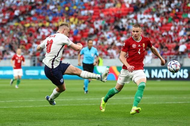 Budapest, Hungary, 4th June 2022. Jarrod Bowen of England shoots during the UEFA Nations League match at Puskas Arena, Budapest. Picture credit should read: David Klein Sportimage EDITORIAL USE ONLY. No use with unauthorised audio, video, data, fixture lists, club league logos or live services. Online in-match use limited to 120 images, no video emulation. No use in betting, games or single club league player publications. SPI-1726-0083