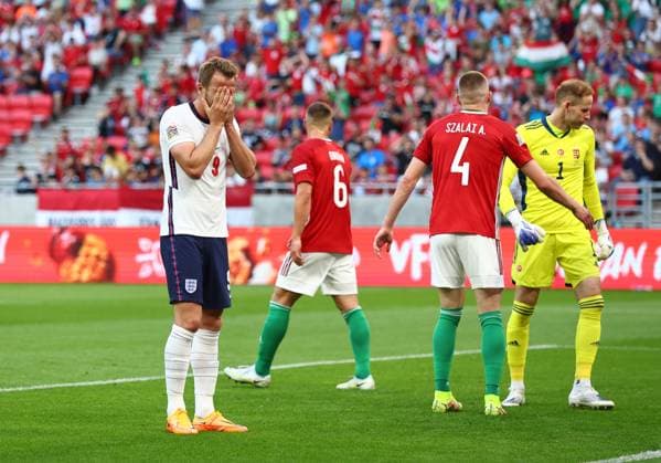 Budapest, Hungary, 4th June 2022. Harry Kane of England reacts during the UEFA Nations League match at Puskas Arena, Budapest. Picture credit should read: David Klein Sportimage EDITORIAL USE ONLY. No use with unauthorised audio, video, data, fixture lists, club league logos or live services. Online in-match use limited to 120 images, no video emulation. No use in betting, games or single club league player publications. SPI-1726-0085