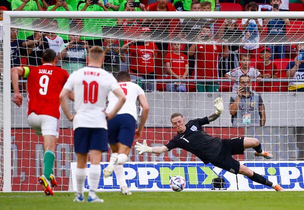 Hungary v England UEFA Nations League Dominik Szoboszlai of Hungary scores a penalty against Jordan Pickford of England during the UEFA Nations League match between England and Hungary at the Puskas Stadium, Budapest Content Not Available For UK Newspapers Copyright: xPaulxChestertonx FIL-16979-0150 UK Newspapers OUT