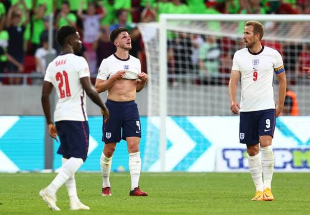 Budapest, Hungary, 4th June 2022. Declan Rice of England and Harry Kane of England dejected during the UEFA Nations League match at Puskas Arena, Budapest. Picture credit should read: David Klein Sportimage EDITORIAL USE ONLY. No use with unauthorised audio, video, data, fixture lists, club league logos or live services. Online in-match use limited to 120 images, no video emulation. No use in betting, games or single club league player publications. SPI-1726-0108