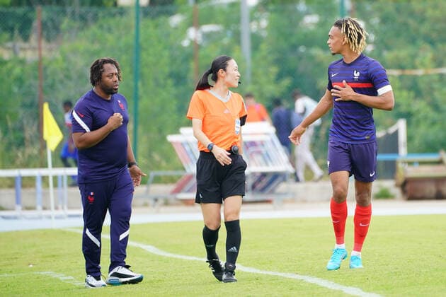 Bernard Diomede (selectionneur de l equipe de France) - Sekou Mara (France) FOOTBALL : France U20 vs Argentine U20 - Tournoi Maurice Revello - Aubagne - 04 06 2022 NorbertScanella Panoramic 
