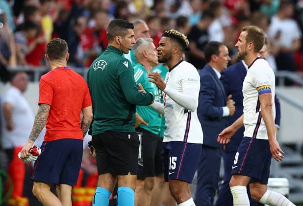 Budapest, Hungary, 4th June 2022. Reece James of England questions the fourth official as he walks off during the UEFA Nations League match at Puskas Arena, Budapest. Picture credit should read: David Klein Sportimage EDITORIAL USE ONLY. No use with unauthorised audio, video, data, fixture lists, club league logos or live services. Online in-match use limited to 120 images, no video emulation. No use in betting, games or single club league player publications. SPI-1726-0111
