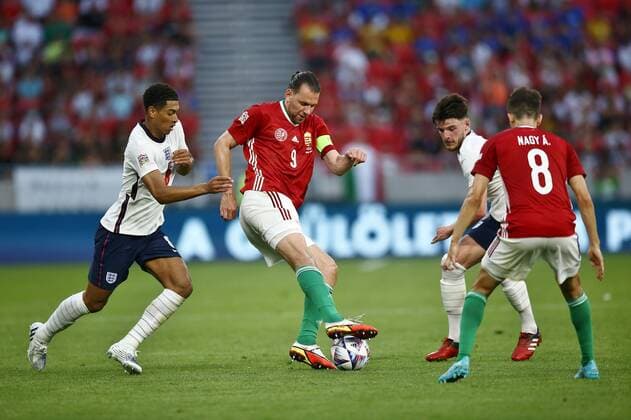 Mandatory Credit: Photo by Michael Zemanek Shutterstock (12965167ce) Adam Szalai of Hungary and Jude Bellingham of England Hungary v England, UEFA Nations League, Group C, International Football, Puskas Arena Park, Budapest, Hungary - 04 Jun 2022 Hungary v England, UEFA Nations League, Group C, International Football, Puskas Arena Park, Budapest, Hungary - 04 Jun 2022 Copyright: xMichaelxZemanek Shutterstockx 12965167ce