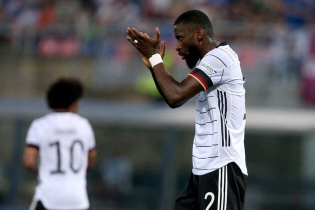 04.06.2022, Bologna, Italien, Renato Dall Ara , Italien vs. Deutschland - UEFA Nations League - League Path A Group 2, Antonio Ruediger (Germany) gestikuliert, gestik (Foto H. Langer) Bologna Renato Dall Ara Emilia-Romagna Italien
