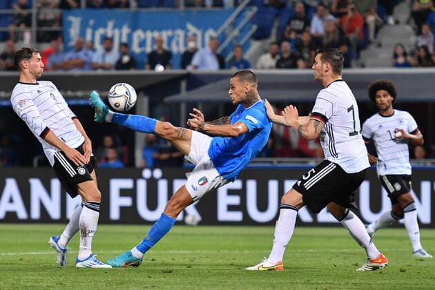June 4, 2022, Bologna, Italy: Bologna, Italy, Renato Dallâ€⠢Ara stadium, June 04, 2022, Gianluca Scamacca (Italy) during Italy vs Germany - football UEFA Nations League match. football UEFA Nations League match - Italy vs Germany, Bologna, Italy - ZUMAl164 20220604_zsa_l164_065 Copyright: xLisaxGuglielmix