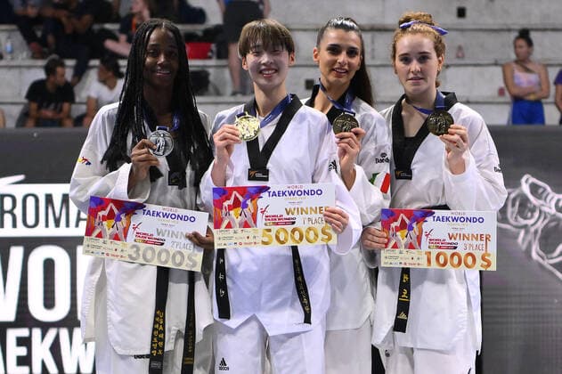 June 4, 2022, Rome, Italy: Crystal WEEKES (PUR), Rebecca MCGOWAN (GBR), Maristella SMIRAGLIA (ITA) and Dabin LEE (KOR) during SF and F round of World Taekwondo Grand Prix at Foro Italico, Nicola Pietrangeli Stadium, 4th June 2022, Rome, Italy. Taekwondo - World Taekwondo Roma Grand Prix (day2), Rome, Italy - ZUMAl164 20220604_zsa_l164_078 Copyright: xDomenicoxCippitellix