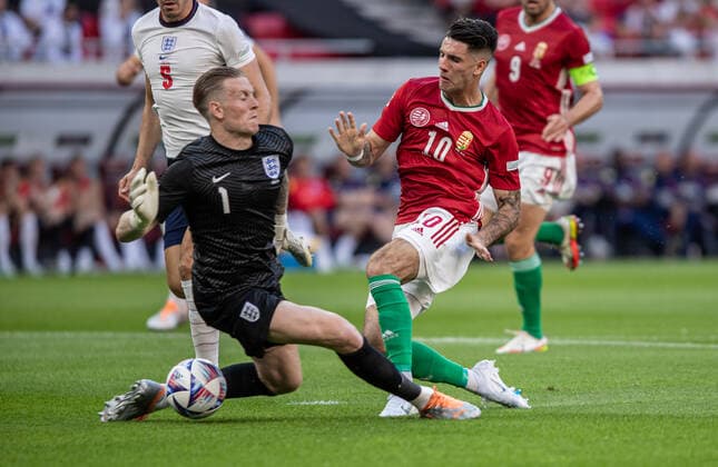Hungary v England: UEFA Nations League - League Path Group 3 Dominik Szoboszlai of Hungary competes for the ball with Jordan Pickford of England during the UEFA Nations League A3 match at Puskas ArÃ na on June 04, 2022 in Budapest, Hungary. Budapest Hungary  Copyright: xRobertxSzaniszlox originalFilename:szaniszlo-notitle220604_npIWi.jpg
