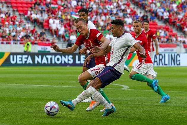 Hungary v England UEFA Nations League 04 06 2022. James Justin (3) of England shoots towards the goal during the UEFA Nations League match between Hungary and England at Puskas Arena Park, Budapest, Hungary on 4 June 2022. Editorial use only , Copyright: xNigelxKeenex PSI-15373-0102
