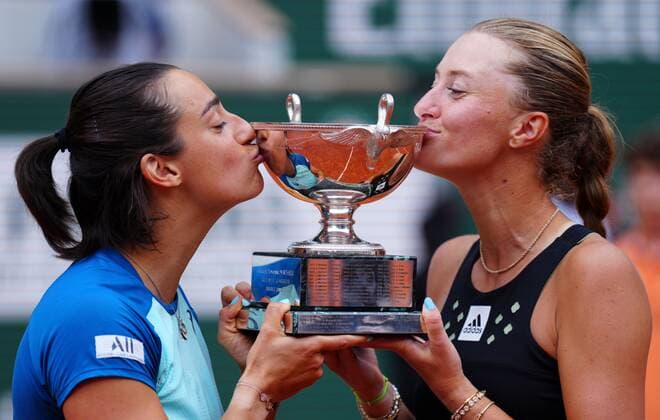 Mandatory Credit: Photo by Javier Garcia Shutterstock (12960016ao) Kristina Mladenovic and Caroline Garcia celebrate winning the Women s Doubles Final French Open Tennis, Day 15, Roland Garros, Paris, France - 05 Jun 2022 French Open Tennis, Day 15, Roland Garros, Paris, France - 05 Jun 2022  Copyright: xJavierxGarcia Shutterstockx 12960016ao