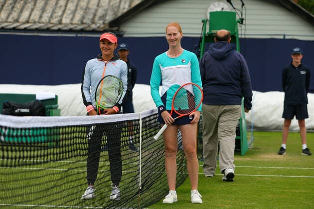 5th June 2022; Surbiton Racket &amp; Fitness Club, Surbiton, London, England: Surbiton Trophy Tennis tournament, womens singles final: Arina Rodionova (AUS) versus Alison Van Uytvanck (BEL): Finalists standing next to the net for a group shot pre-match.  ActionPlus12397110 KatiexChan