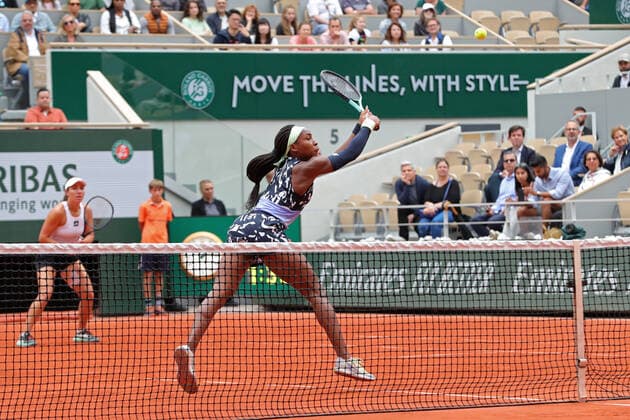 5th June 2022; Roland Garros, Paris, France: French Open Tennis tournament, Womens Doubles final; Coco Gauff with a backhand overhead at the net during her match against Caroline Garcia (FRA) and Kristina Mladenovic  ActionPlus12397128 JonxBromley