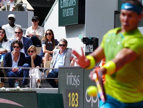 Mandatory Credit: Photo by Javier Garcia Shutterstock (12960016au) Hugh Grant, wife Anna Elisabet Eberstein, Siena Miller and Oli Green watch Rafael Nadal French Open Tennis, Day 15, Roland Garros, Paris, France - 05 Jun 2022 French Open Tennis, Day 15, Roland Garros, Paris, France - 05 Jun 2022 Copyright: xJavierxGarcia Shutterstockx 12960016au