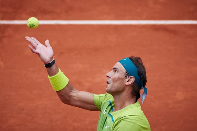 (220605) -- PARIS, June 5, 2022 -- Rafael Nadal of Spain serves during the men s singles final against Casper Ruud of Norway at the French Open tennis tournament at Roland Garros in Paris, France, June 5, 2022. ) (SP)FRANCE-PARIS-TENNIS-ROLAND GARROS-FRENCH OPEN-MEN S SINGLES FINAL MengxDingbo 