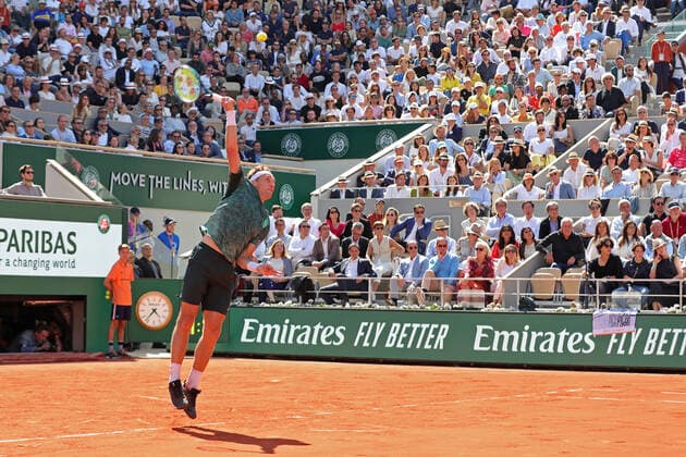 5th June 2022; Roland Garros, Paris, France: French Open Tennis tournament, mens singles final, Rafael Nadal versus Casper Ruud; Casper Ruud (NOR) serves to Rafael Nadal (ESP)  ActionPlus12397520 JonxBromley