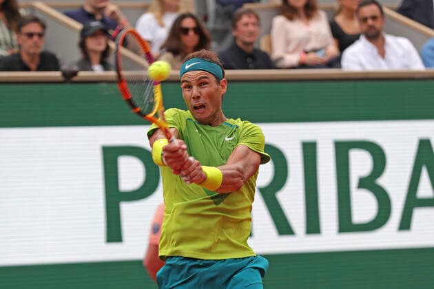 5th June 2022; Roland Garros, Paris, France: French Open Tennis tournament, mens singles final, Rafael Nadal versus Casper Ruud; Rafael Nadal (ESP) plays a backhand back to Casper Ruud (NOR)  ActionPlus12397528 JonxBromley