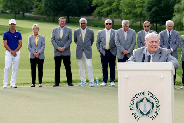 DUBLIN, OH - JUNE 05: Founder and host Jack Nicklaus speaks following a win by Billy Horschel of the United States in the Memorial Tournament presented by Workday at Muirfield Village Golf Club on June 05, 2022 in Dublin, Ohio. (Photo by Joe Robbins Icon Sportswire) GOLF: JUN 05 PGA, Golf Herren - the Memorial Tournament presented by Workday Icon573220605044