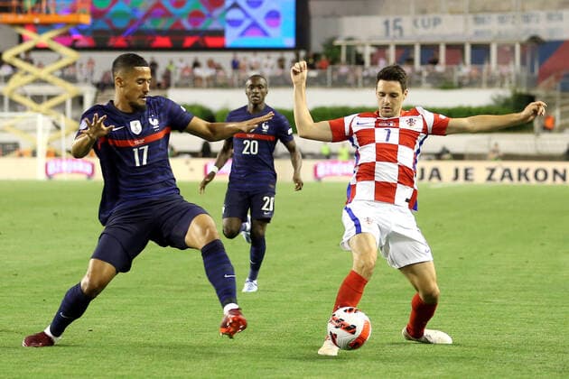 Croatia v France: UEFA Nations League - League Path Group 1 SPLIT, CROATIA - JUNE 06: William Saliba of France compete for the ball with Josip Brekalo of Croatia during the UEFA Nations League League A Group 1 match between Croatia and France at Stadion Poljud on June 6, 2022 in Split, Croatia. LukaxStanzl PIXSELL