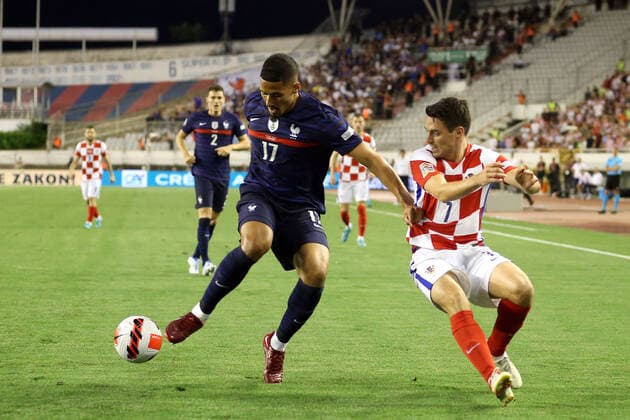 Croatia v France: UEFA Nations League - League Path Group 1 SPLIT, CROATIA - JUNE 06: William Saliba of France compete for the ball with Josip Brekalo of Croatia during the UEFA Nations League League A Group 1 match between Croatia and France at Stadion Poljud on June 6, 2022 in Split, Croatia. LukaxStanzl PIXSELL