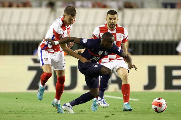 Croatia v France: UEFA Nations League - League Path Group 1 SPLIT, CROATIA - JUNE 06: Moussa Diaby of France compete for the ball with Borna Barisic of Croatia during the UEFA Nations League League A Group 1 match between Croatia and France at Stadion Poljud on June 6, 2022 in Split, Croatia. IgorxKralj PIXSELL