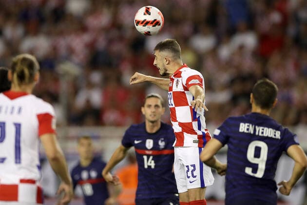 Croatia v France: UEFA Nations League - League Path Group 1 SPLIT, CROATIA - JUNE 06: Josip Juranovic of Croatia gets up for a header during the UEFA Nations League League A Group 1 match between Croatia and France at Stadion Poljud on June 6, 2022 in Split, Croatia. IgorxKralj PIXSELL
